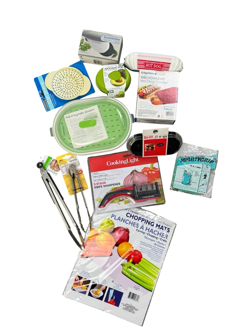 Kitchenware Lot 13+ Items Tongs, Pizza Cutter, Knife Sharpener, Fish Steamer
